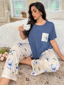 Floral Print Pocket Short Sleeve & Long Pants Contrast Color Plus Size Pajama Set - Blue - View 3