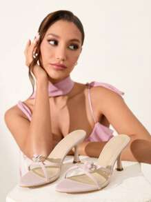 CUCCOO CHICEST 女士夏季可爱 3D 花卉圆头酒杯高跟鞋，柔软一脚蹬优雅浪漫迷人简约交叉带粉色 PU 皮革女士高跟凉鞋，非常适合茶会、约会、优雅装扮 - 淺粉色 - 查看 2