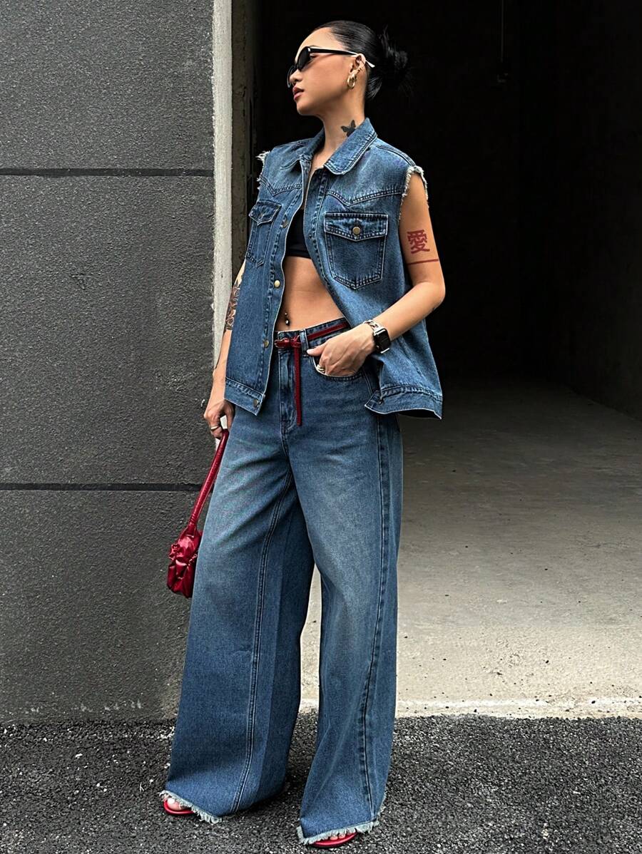 DAZY Women's Sleeveless Denim Jacket & Jeans Matching Set, Spring/Summer - Blue - View 1