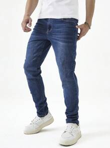 Chillumni Men's Solid Color Skinny Casual Jeggings With Pockets, Streetwear - Medium Wash - View 1