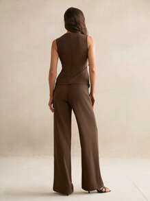 SHEIN Tall Women's Summer Elegant Dark Brown Office Two Pieces Set,Business Casual Solid Asymmetric Hem Vest Suit Pants,Old Money Style Fairy Teacher Outfit, Tall Women - Brown - View 2