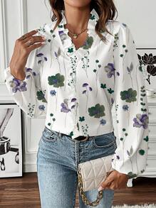 EMERY ROSE Women's Frill Trim Printed Long Sleeve Shirt For Vacation - Multicolor - View 1