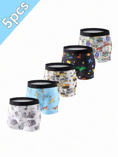 5 件装男童卡通恐龙、汽车、机器人印花舒适平角内裤套装