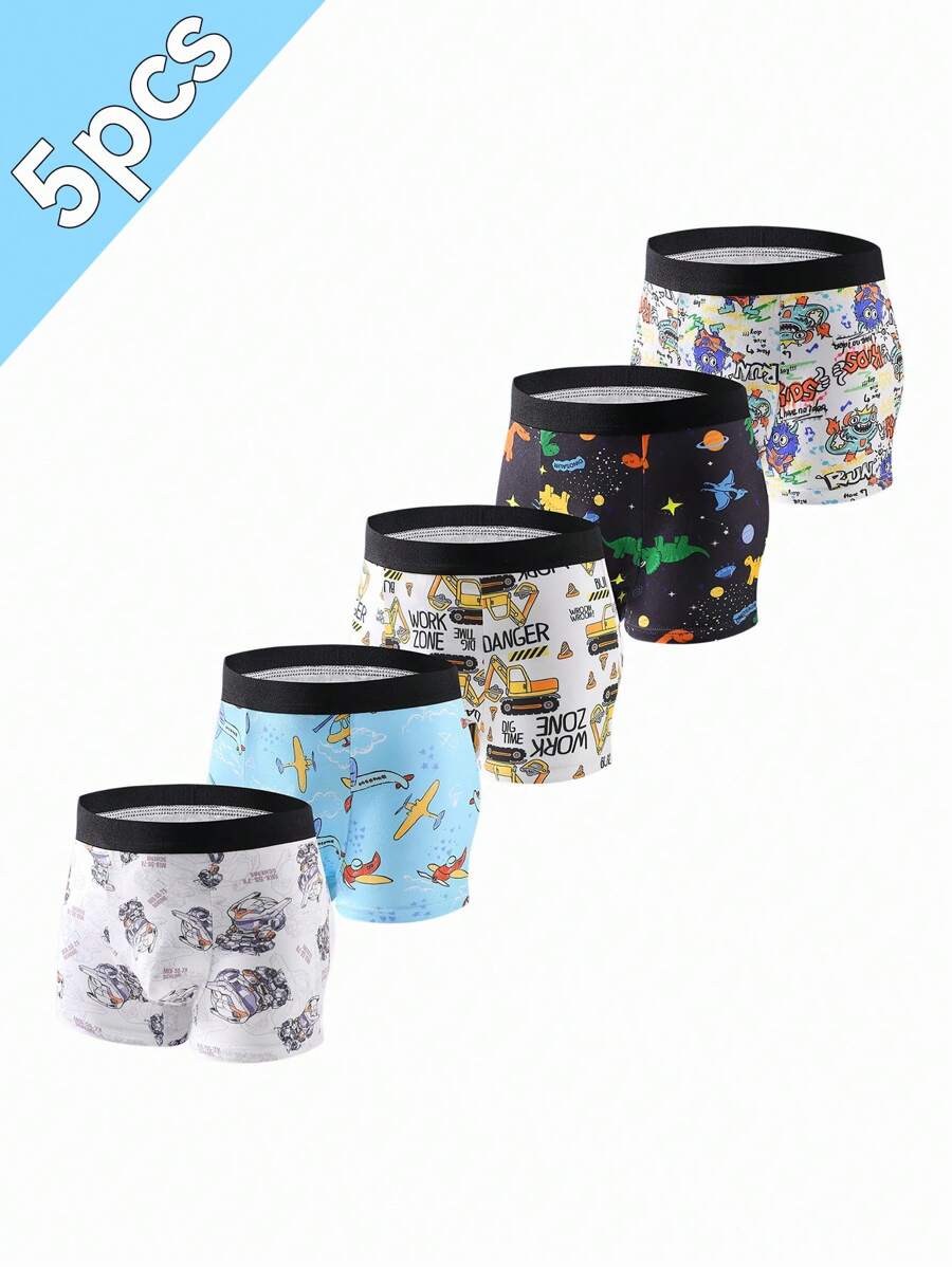 5 件装男童卡通恐龙、汽车、机器人印花舒适平角内裤套装 - 彩色 - 查看 1