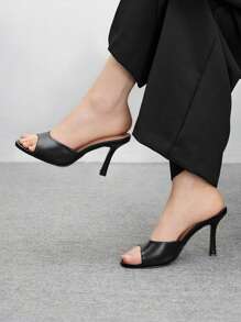 CUCCOO BIZCHIC Women's Classic Black PU Leather Mules Comfor Versatile High Heels Sandals, Suitable For Commuting, Dating, Party, Wedding, Holiday - Black - View 3