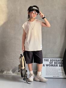 Tween Boy Oversized Casual Comfortable Versatile Soft Waffle Textured Letter Graphic Round Neck Tank Top, Suitable For Daily Wear, Outdoor Play, School, Street Style, Party And Home Leisure - Khaki - View 4