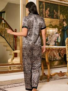 LuxeNights Color Block Leopard Print Lapel Short Sleeve Top & Pants Pajama Set - Multicolor - View 3