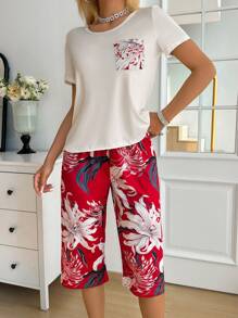 SHEIN Floral Pocket Casual Women 3/4 Pants Pajamas Set - Red - View 3