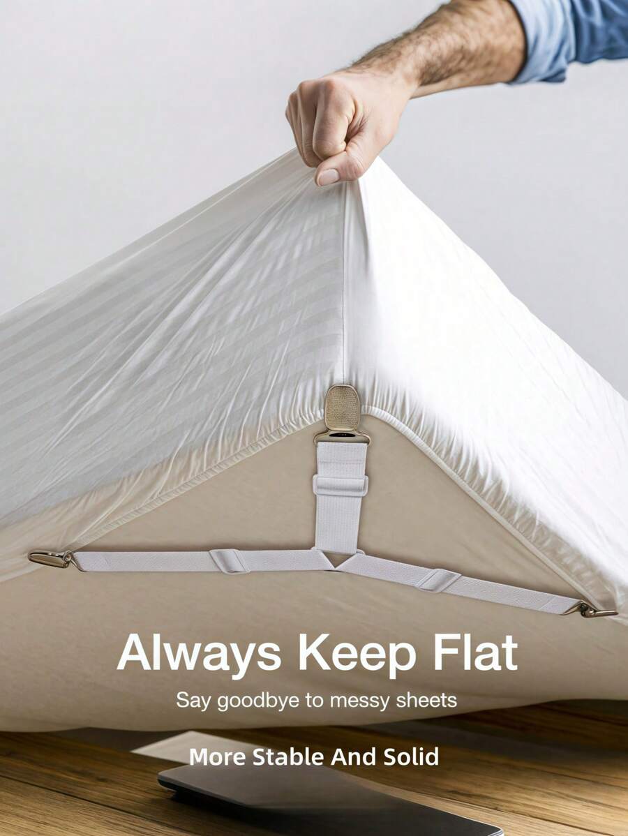 4Pcs/Set Triangle Quilt Holders, Metal Clip Adjustable Elastic Band Quilt Fixing Tool, Practical Invisible Anti-Slip Sheet Straps, Suitable For Sofa Cushions, Quilt Sheets, Home Textiles, Household Items-White