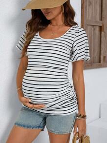 SHEIN Camiseta acanalada ajustada con volantes laterales para maternidad y lactancia, de verano