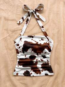 SHEIN WYWH Women's Vacation Knit Cow Print Halter Ruched Waist Slim Fit Fashion Tank Top, Suitable For Summer Fashion, Party, Afternoon Tea, Beach, Cruise, Music Festival - Multicolor - View 7