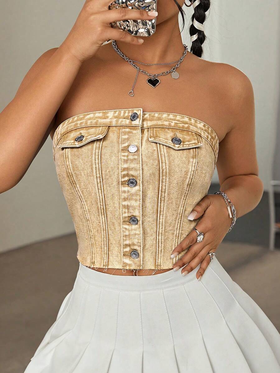 SHEIN ICON Front Open Denim Cropped Tank Top, Fashionable For Summer - Khaki - View 1