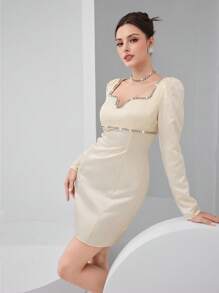 Modelyn 优雅长袖女士连衣裙，领口饰有水钻，正式场合穿着，米色，女士派对礼服，舞会礼服 - 黃色 - 查看 5