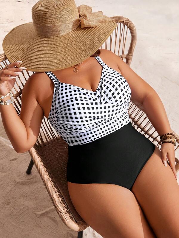 Swim Lushoire Plus Size Women's One-Piece Checkered Spaghetti Strap Swimsuit, Fashionable Sporty Vacation Casual