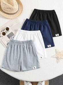 Set de 4 piezas de shorts cómodos, casuales y con estilo para niños, con decoración de insignia y cinturilla, aptos para uso diario, escuela, viajes y deportes en primavera y verano