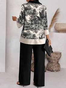 SHEIN LUNE Plus Size Random Print Elegant Long Sleeve Top And Solid Color Long Pants 2 Pieces Set - Multicolor - View 2