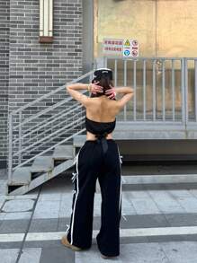 SHEIN 青少年女孩春夏街头运动休闲编织带蝴蝶结阔腿运动裤，返校，运动休闲，女孩服装女孩纯色缝线抽绳侧蝴蝶装饰休闲裤 - 黑色 - 查看 8