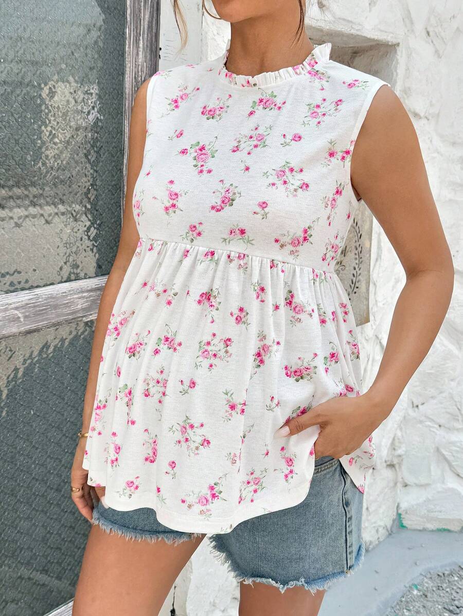 SHEIN ملابس علوية خزان الأمومة المزين بطبعة الزهور والكشكشة للعطلات الصيفية - متعدد الألوان - مشاهدة 1