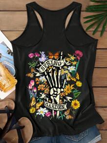 SHEIN LUNE Minimalist Casual Vintage Skull And Floral Graphic Plus Size Sleeveless Tank Top, Suitable For Summer - Black - View 2