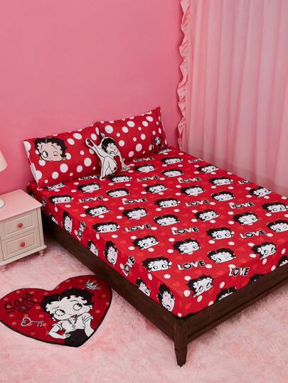 Betty Boop x SHEIN Sábana ajustada con estampado de corazones, cálida y suave, adecuada para todas las estaciones y tamaños de colchón, ideas de regalo, fiesta, vacaciones, Día de San Valentín