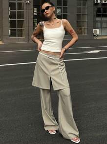 DAZY Patchwork Flare Pants, Casual Elegant Women Summer Trousers - Khaki - View 7