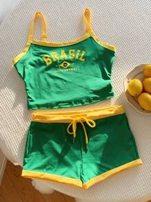 Comfortcana Conjunto de top corto y pantalón corto de ajuste delgado con impresión de letras en colores de la bandera de Brasil para verano