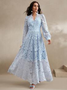 Anewsta Spring/Summer Women's V-Neck Lace Embroidery Floral Cinched Waist Lantern Sleeve Dress
