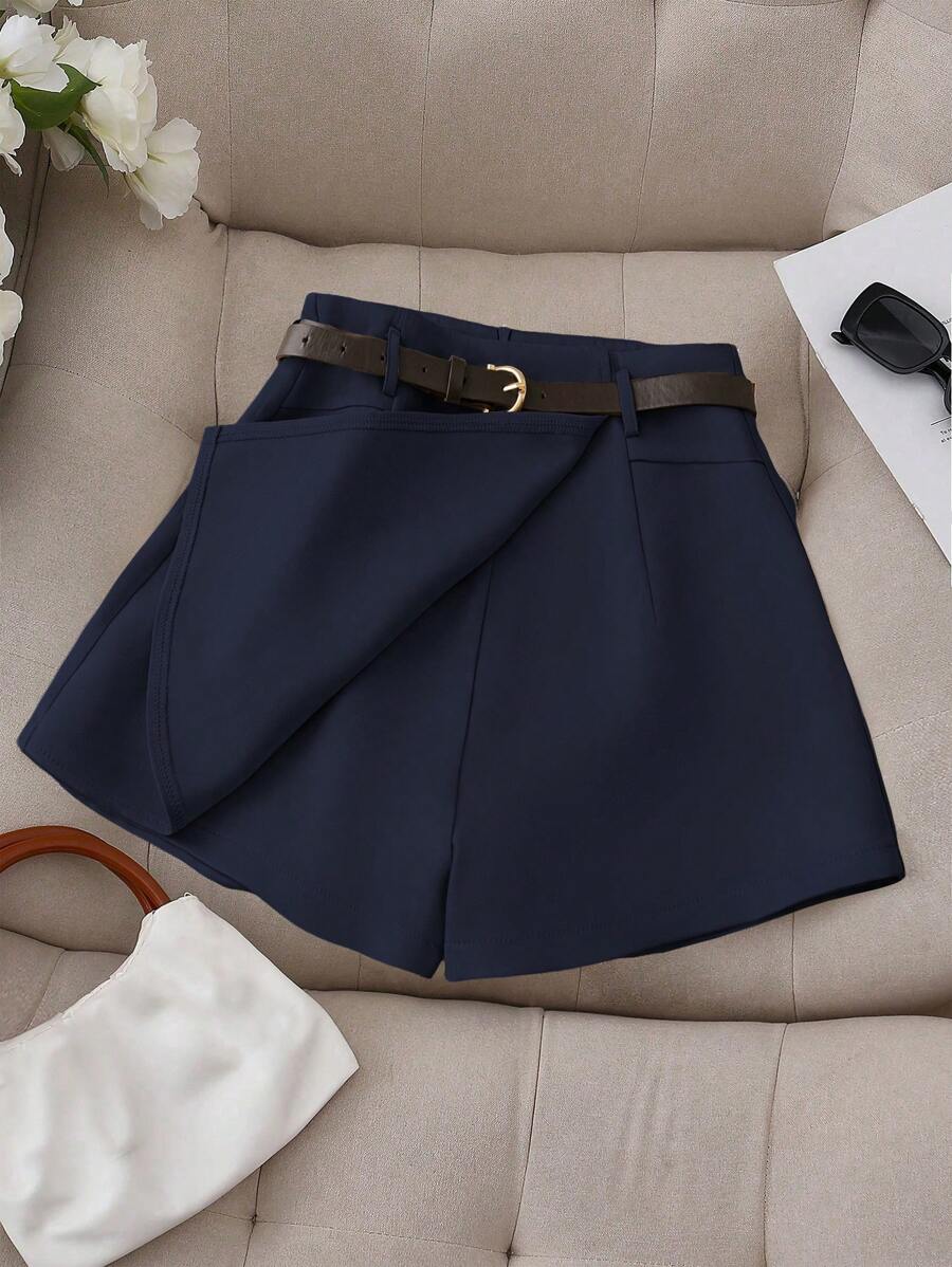 Franclia Quần short giả túi màu trơn thường ngày cho nữ có thắt lưng - Màu xanh hải quân - Xem 1