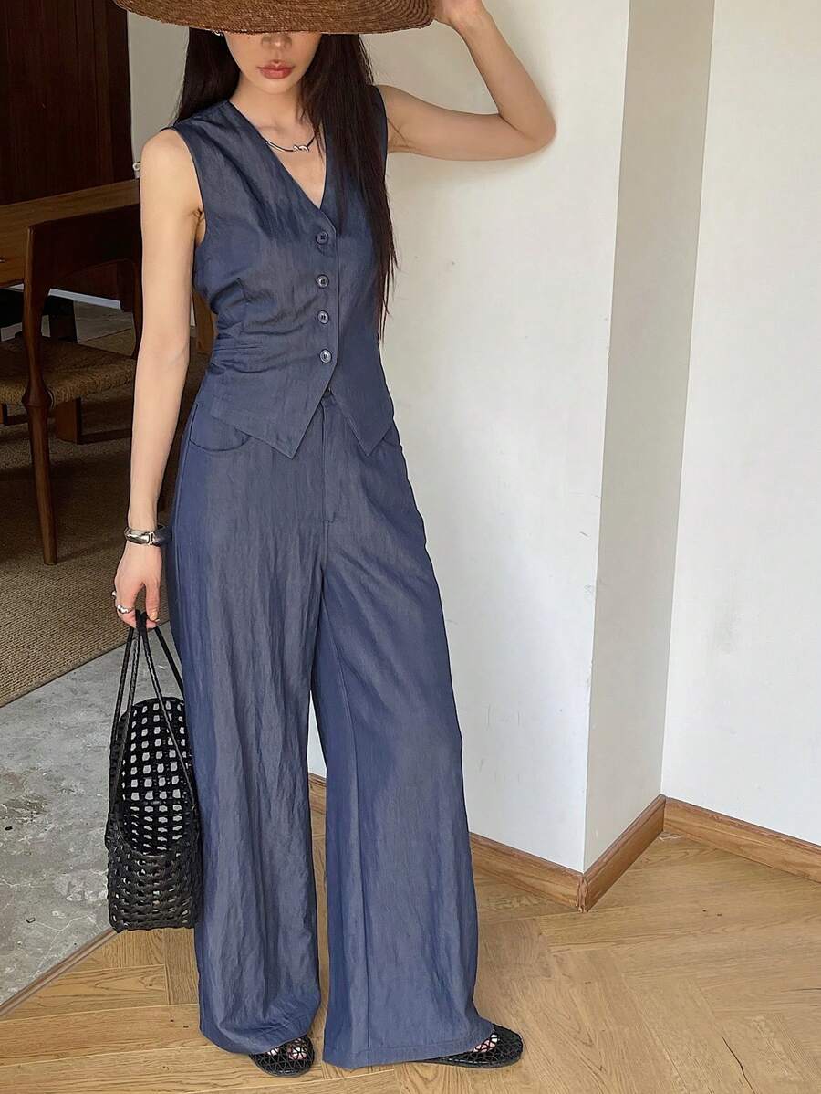 Livesso 2 件女式单排扣休闲牛仔背心和牛仔裤套装 - 中等水洗藍 - 查看 1