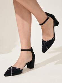 CUCCOO CHICEST Women's Pointy-Toe Chunky-Heel Mid-Heel Pumps With Rhinestone Twist Vamp, Faux Suede, Comfortable & Elegant, Black, Suitable For Summer, Afternoon Tea Dates - Black - View 9