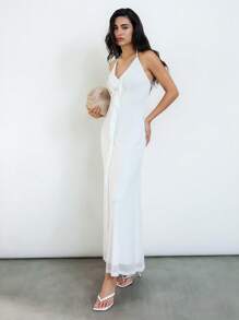 Maija 2015 Summer New Modern Elegant Business Casual Graduation Season Brunch Wedding Guest Everyday Versatile High-Neck Lace-Up A-Line Ruffled Mesh Layered Floral Dress, Suitable For Easter, Music Festival - White - View 1