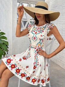 SHEIN Clasi 夏季度假连衣裙，女装优雅印花小飞袖收腰A字针织弹力连衣裙，适合各种场合穿着 - 彩色 - 查看 4