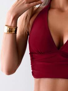 SHEIN Swim 女士花卉印花吊带性感比基尼两件套泳衣套装 - 酒紅色 - 查看 4