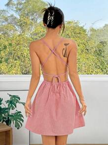 SHEIN EZwear Summer Casual Holiday Striped Backless A-Line Spaghetti Strap Mini Dress - Red - View 1