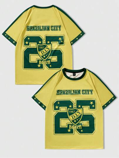 Prep Camiseta deportiva de manga corta con gráfico de letra de fútbol de Brasil para hombres