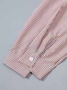 SHEIN Teen Girls Mocha Brown Striped Polyester Blouse Long Sleeve Collared Button Front Asymmetrical Hem - Mocha Brown - View 6