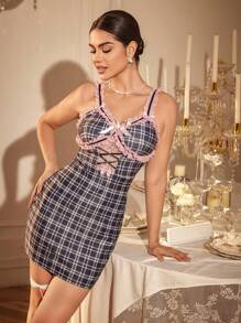 SHEIN Color-Blocking Lace Patchwork Plaid Print Fitted Camisole Nightgown - Multicolor - View 5
