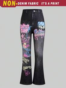 Tween Girl Stylish Faux-Denim Effect Letter Print Flared Leggings - Multicolor - View 7