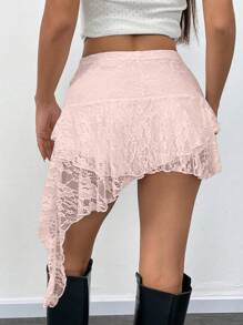 INAWLY Women's Summer Solid Color Lace Asymmetrical Hem Skirt
