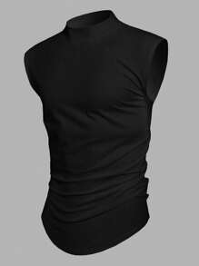 Manfinity Homme Men's Plain Collared Pleated Slim Fit Casual Top Men's Muscle Shirts Black Sleeveless Shirt Men