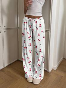 CovetEZ Women's Casual Minimalist Low Waist Straight Leg Pants, Cherry Print, Suitable For Summer, Loungewear Suitable For Going Out Fall Clothes Winter Clothes