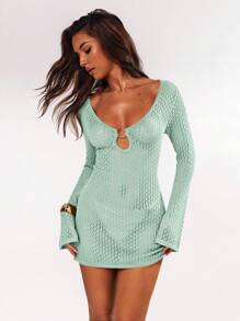 SHEIN BAE 女士纯色长袖连衣裙，秋冬夏季时尚 - 薄荷綠 - 查看 6