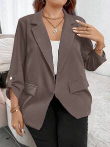 Celure Plus Roll Tab Sleeve Open Front Blazer For Dailywear Graduation,Back To School,Teacher Outfits For Women Fall Cloth For Women Autumn