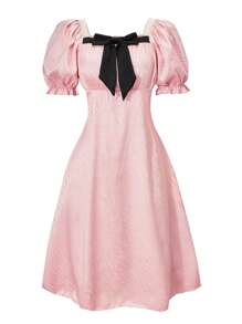 SHEIN Explorewe Spring/Summer Teen Girls ME Casual Street Patchwork Decorative Collar Short Sleeve Slim Fit Mini Dress, Suitable For Daily, Commute, Street Style, Gatherings With Friends - Pink - View 4