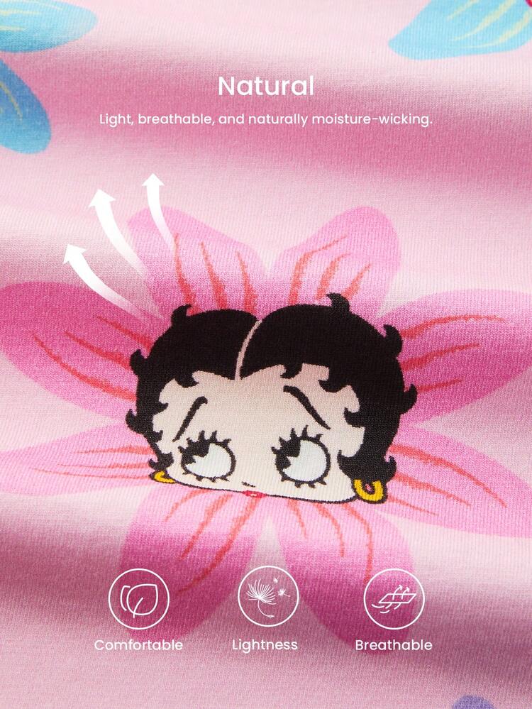 BETTY BOOP X LUVLETTE Ensemble de pyjama court en coton doux rose à motif de la collection x LUVLETTE. Comprend un short avec poches. Idéal pour la lingerie, les mariées et les sous-vêtements