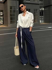 DAZY Pantalones casuales de verano de pierna ancha y suelta con cintura de encaje y bolsillos para mujeres