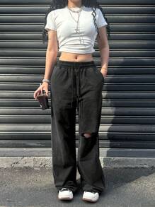 Teen Girls' Black Casual Ripped & Acid-Washed Drawstring Waist Wide Leg Sweatpants - Black - View 5