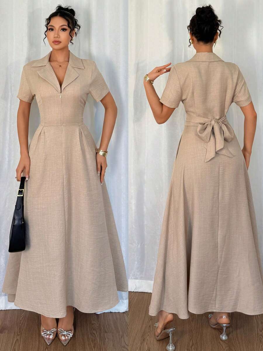 Rafferiza Women's Khaki Short Sleeve Tied Waist Fit & Flare Dress - Khaki - View 1