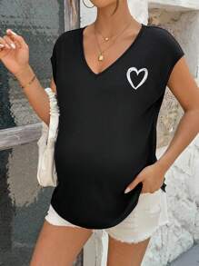 SHEIN Summer Outfits - Heart Print Batwing Sleeve Tee, Maternity T-Shirts, Pajama, Loungewear, Sleepwear, Tank Top With Bra, Underwear & Sleepwear, Pajama Set - Black - View 5