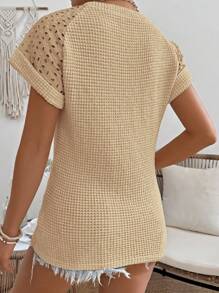 SHEIN LUNE Kaos Lengan Pendek Kasual Berkerah Bulat dengan Desain Berongga Warna Polos, Cocok untuk Musim Panas - Khaki - View 3